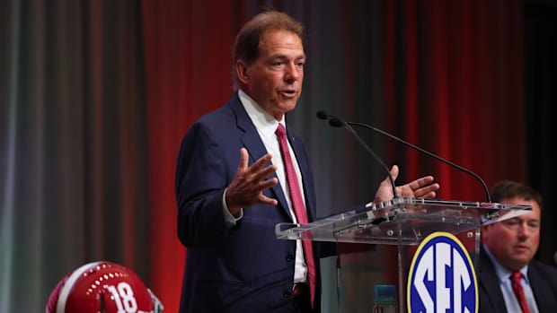 Nick Saban on stage at 2022 SEC Media Days